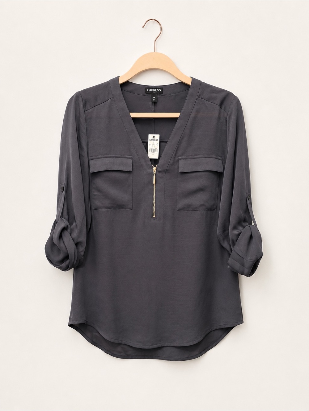 NWT Express Gray Zip Front Utility Blouse Roll Tab Sleeves Size Small